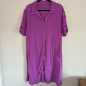 Soft Surroundings 2X Fillipa Purple Shirt Dress Button Pockets Modest Minimalist